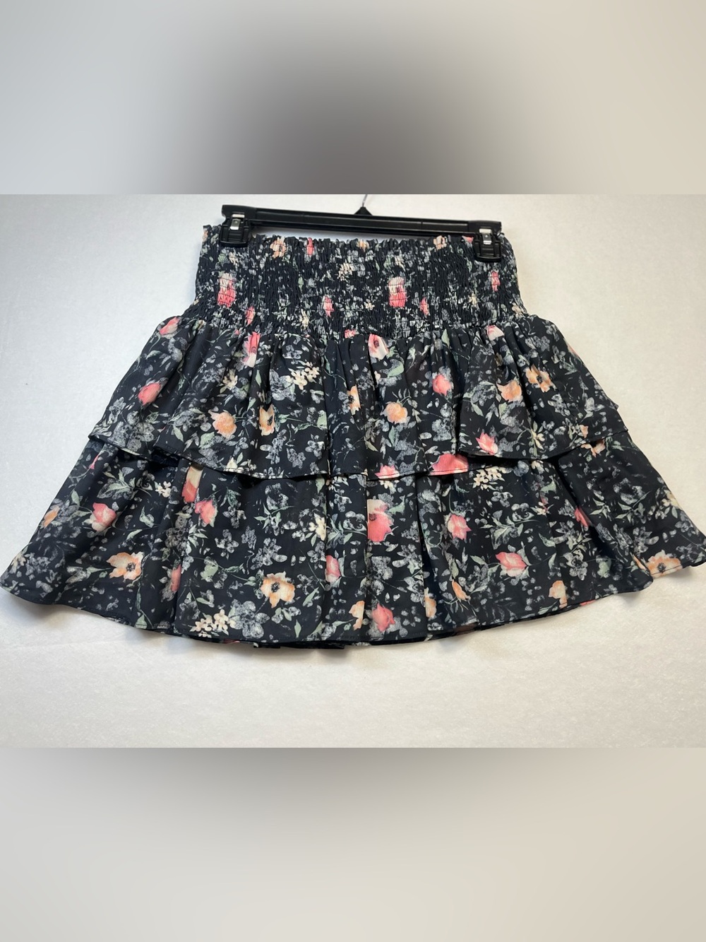 TCEC Black Tiered Mini Skirt with Pink & Peach Floral Print